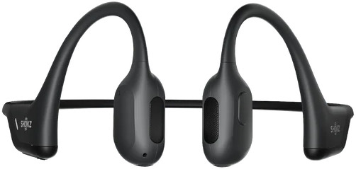 Black bone conduction headphones on a white surface, clear view.