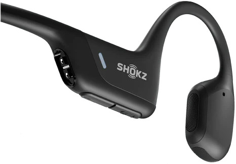 A black bone conduction earphone, close-up, on a white backdrop.