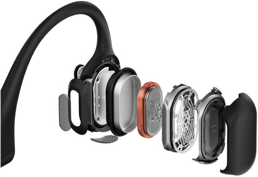 Exploded view of black and white bone conduction headphones.