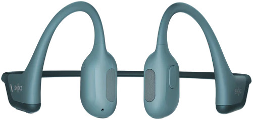 Casque à conduction osseuse bleu. Le casque s'enroule autour de l'oreille.