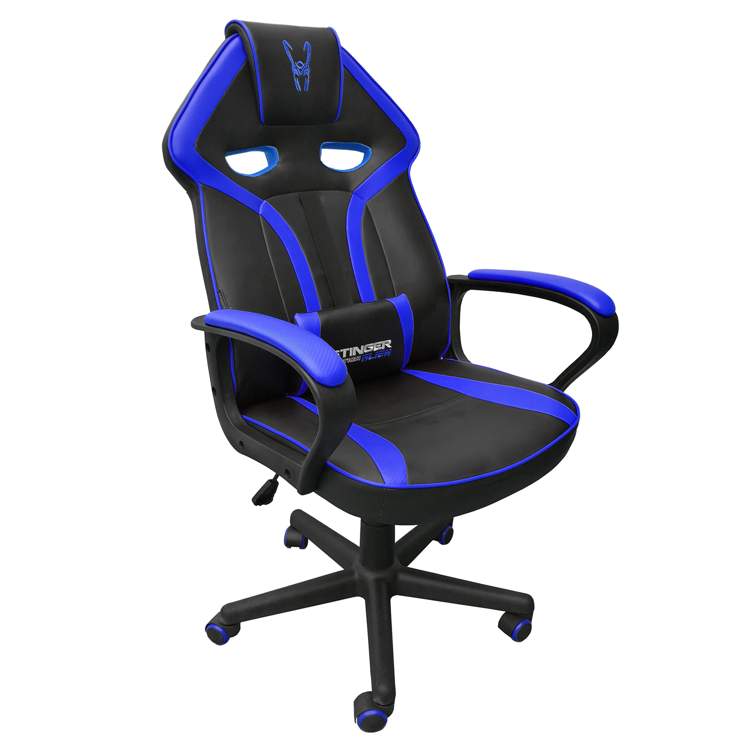 Una silla gamer negra y azul con el logotipo de Stinger y un logotipo de conejo azul en el reposacabezas.