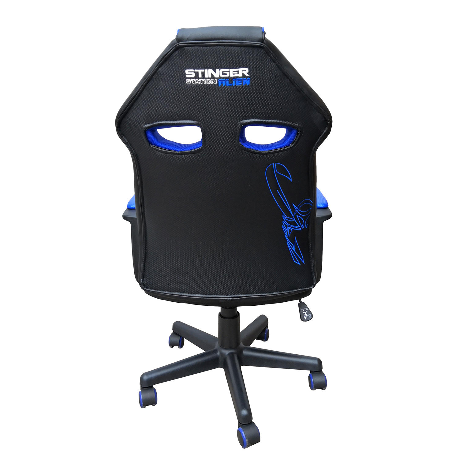Respaldo de silla gaming. Negro con detalles azules y logo.