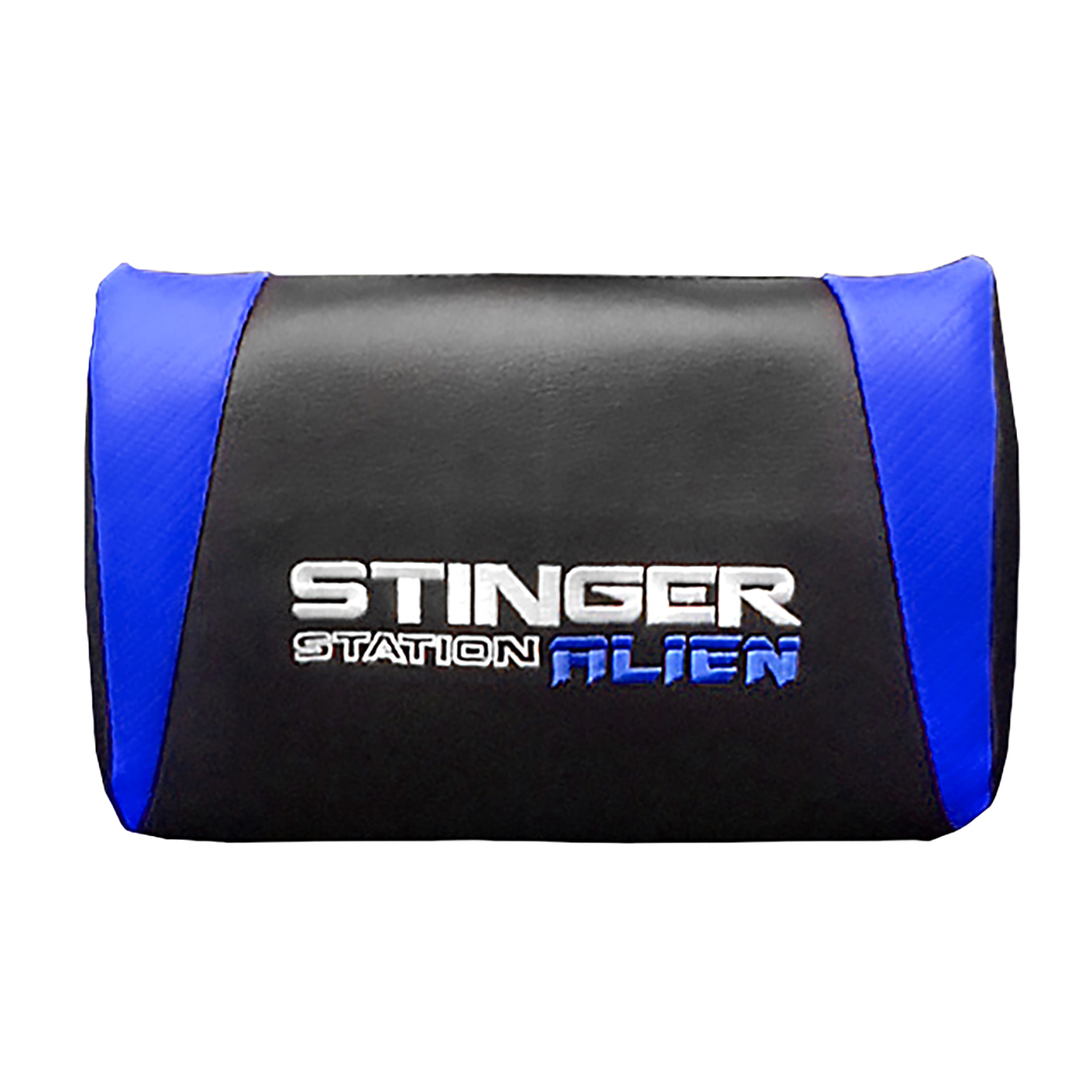Cojín reposacabezas negro y azul con "STINGER STATION ALIEN" impreso.
