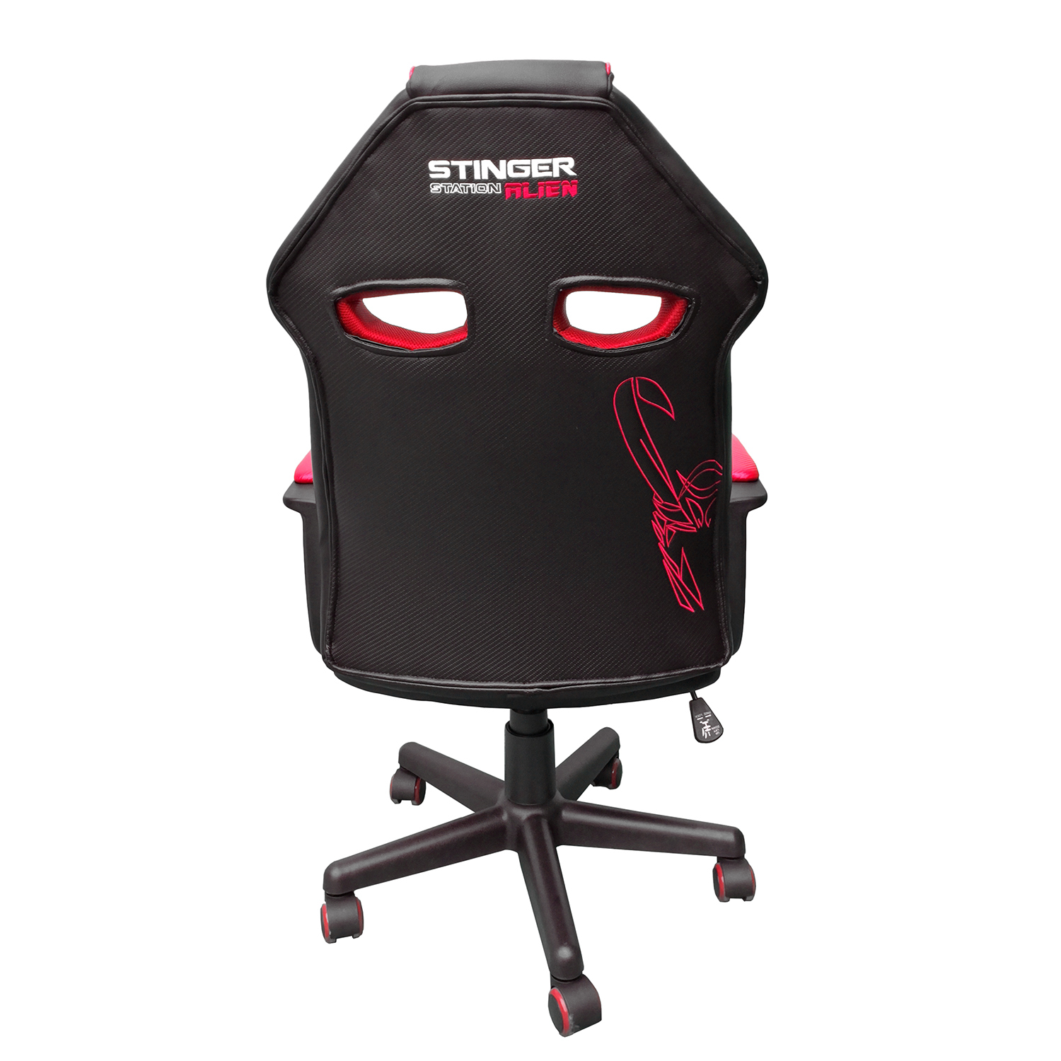 Parte trasera de una silla gamer negra con detalles rojos, logotipo rojo y costuras rojas.