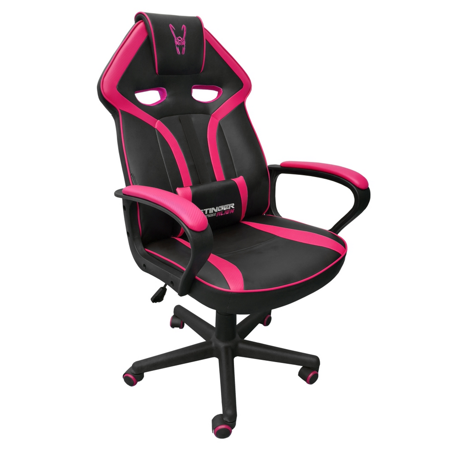 Silla gaming, negra con detalles rosas. Cuenta con reposacabezas, reposabrazos y base de cinco estrellas con ruedas.
