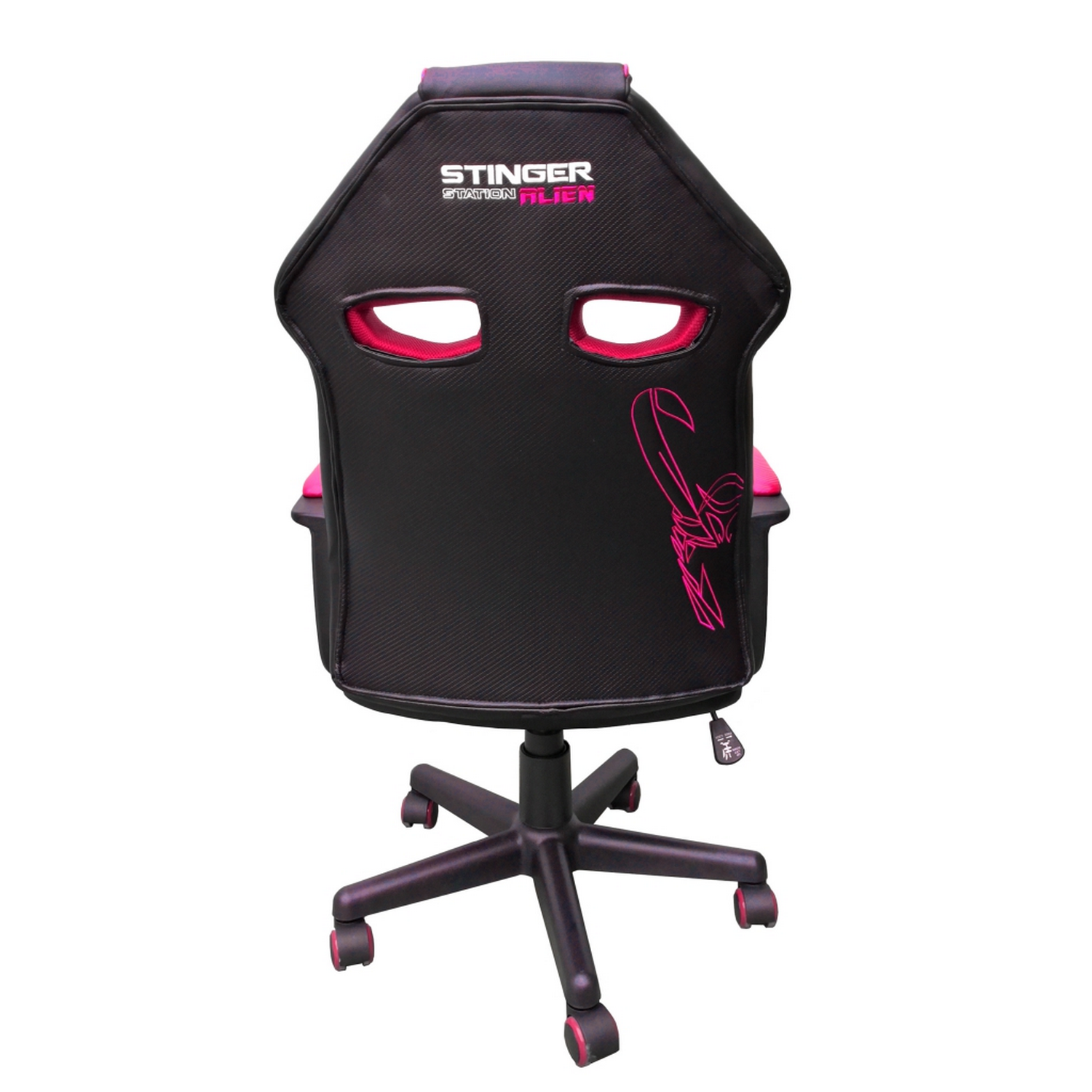 Una silla gaming negra con detalles rosas, vista desde atrás. Tiene un logotipo.