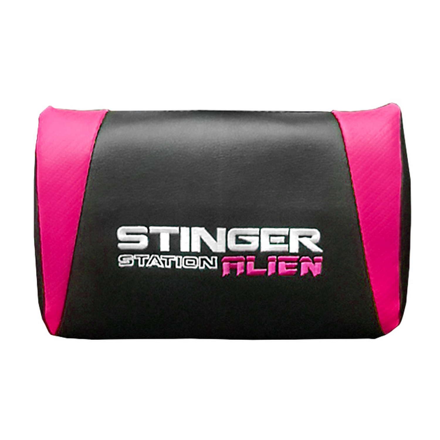 Reposacabezas Stinger Station Alien negro y rosa. El texto está en el reposacabezas.