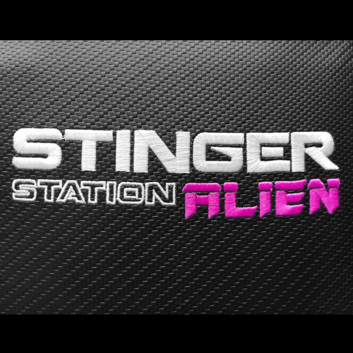 Las palabras STINGER STATION ALIEN en blanco y rosa sobre un fondo negro tejido.