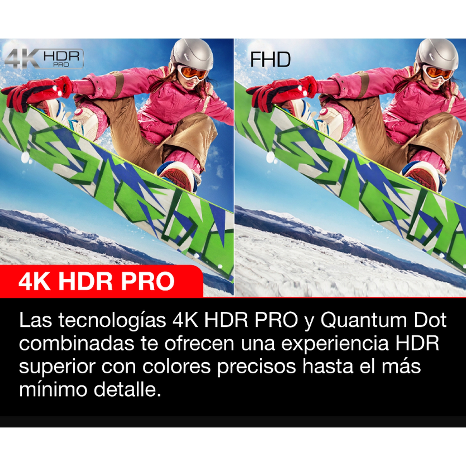 Dos imágenes de una persona practicando snowboard. Las imágenes están una al lado de la otra, con texto sobre la tecnología HDR debajo.