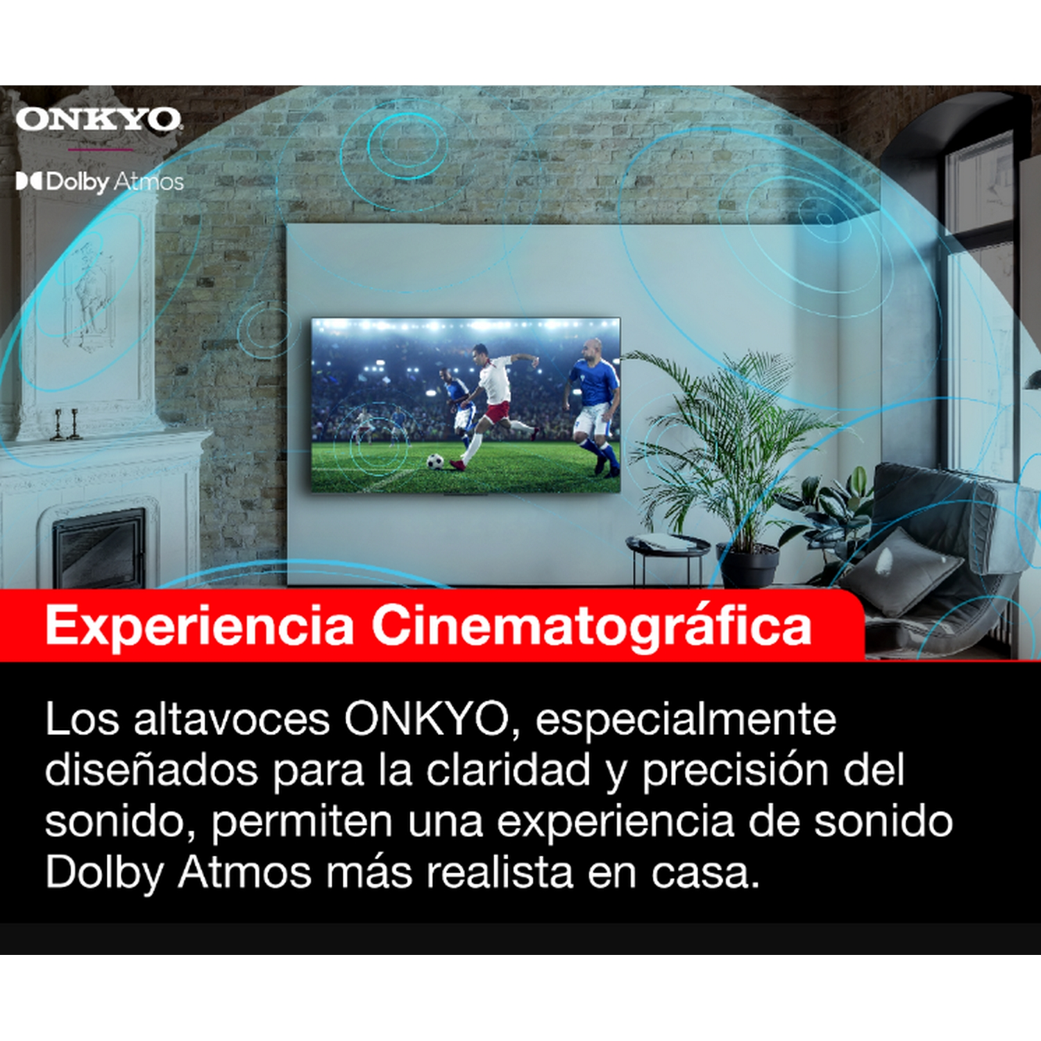 Una pantalla de TV mostrando un partido de fútbol. Texto: 'Experiencia Cinematográfica'.