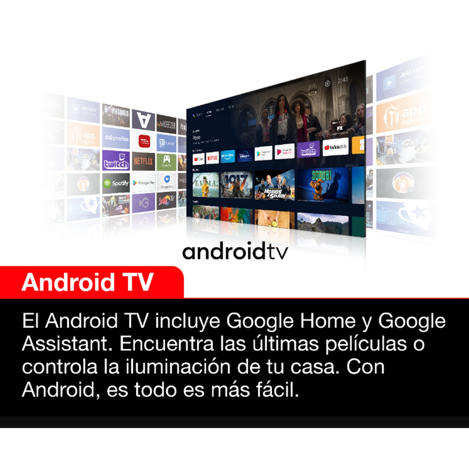 Pantalla de Android TV con iconos de aplicaciones y texto debajo.