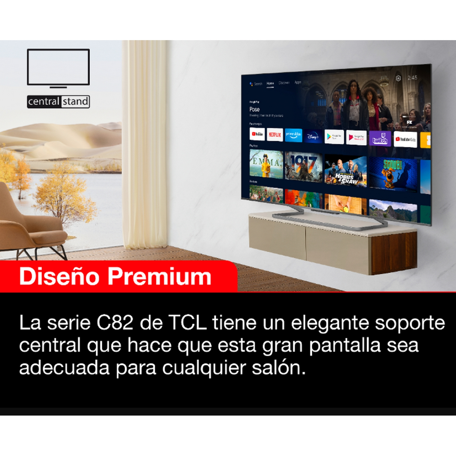 Un televisor grande montado en una pared. Texto: Diseño Premium. Muestra una pantalla de TV.