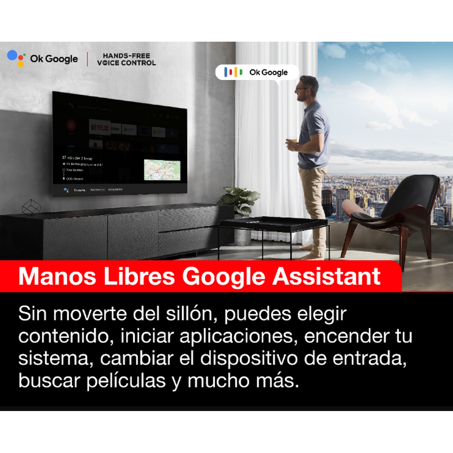 Persona mirando un televisor con menú mostrado y aviso de Google Assistant.