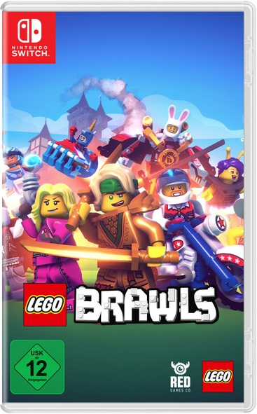 Lego Brawls game cover voor Nintendo Switch, kleurrijke karakters.