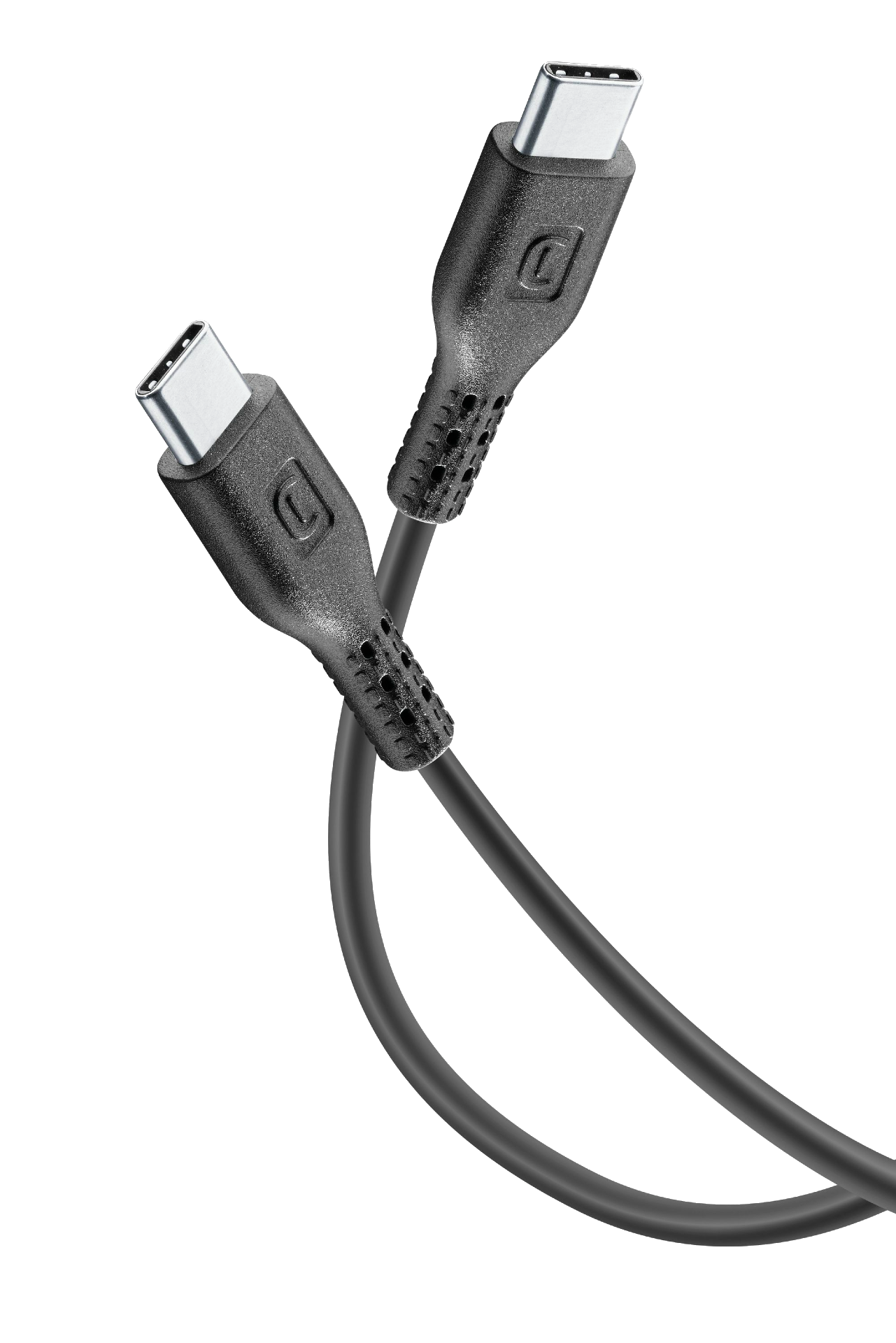 Dos cables USB-C negros. Ambos tienen conectores USB-C en ambos extremos. Fondo negro.