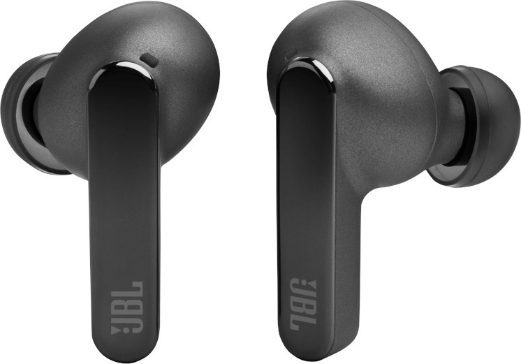 Twee zwarte draadloze JBL oordopjes. Elk heeft het JBL logo aan de zijkant.