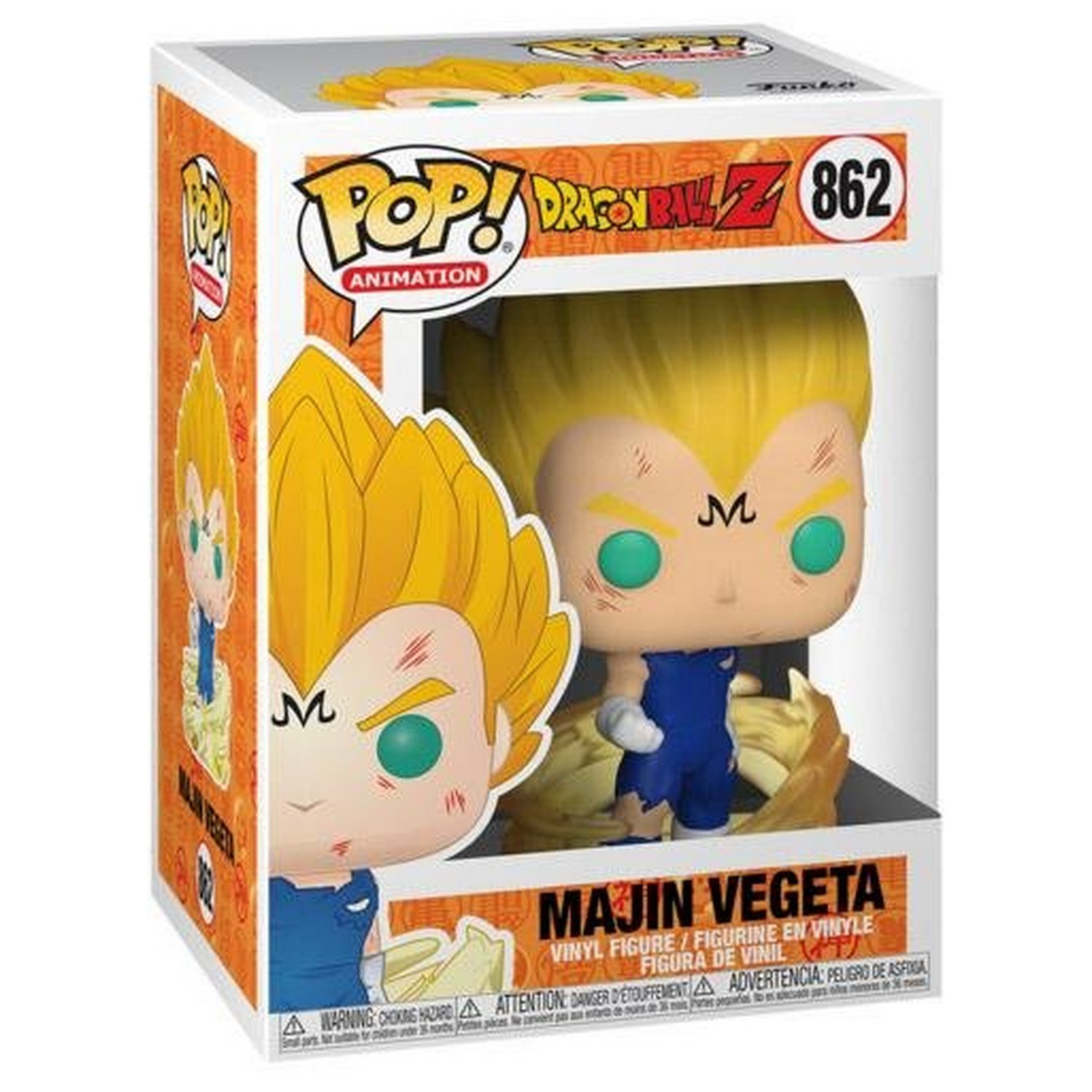 Figura de Majin Vegeta en caja. Pelo rubio, traje azul, ojos verdes. Pop! Animation Dragon Ball Z.