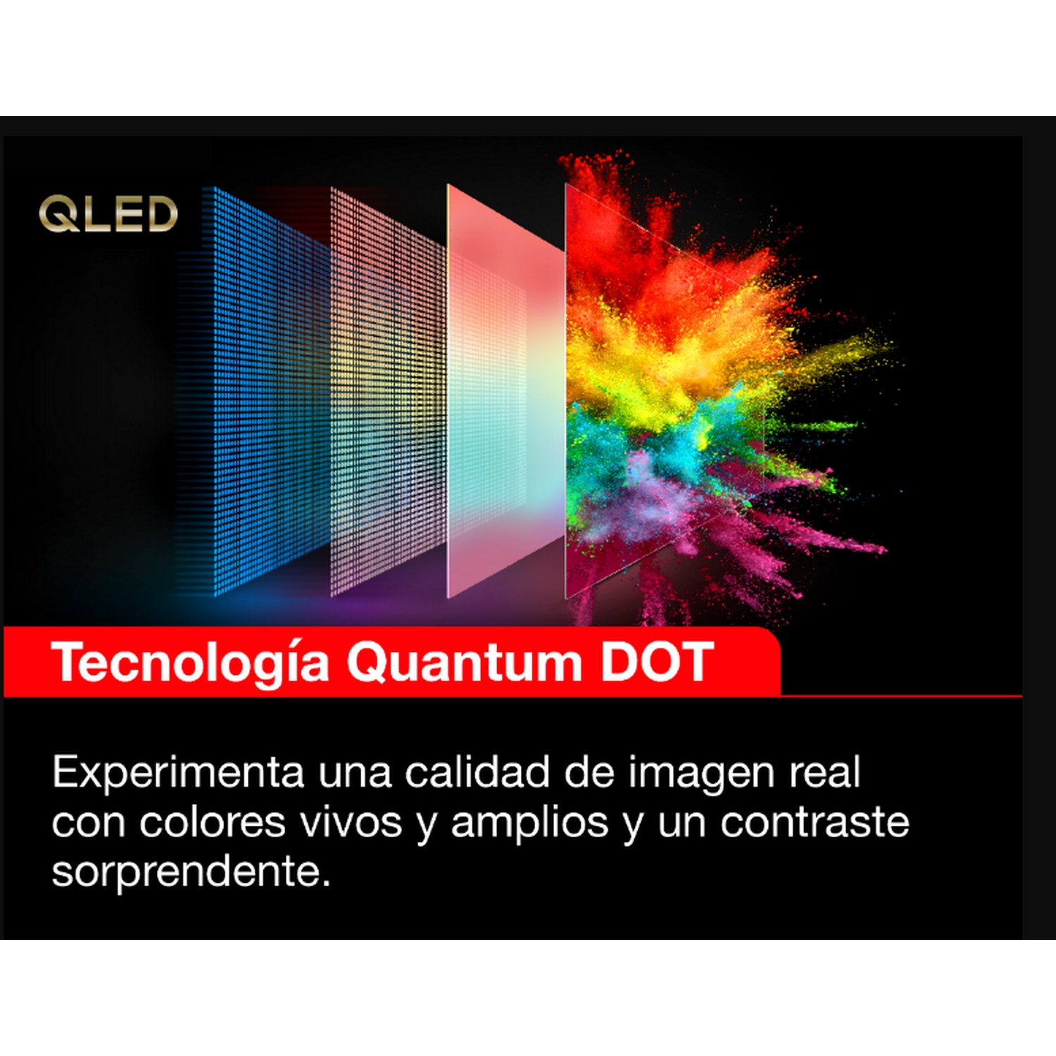 Un anuncio de un televisor QLED, que muestra puntos coloridos y el texto 'Quantum DOT'.