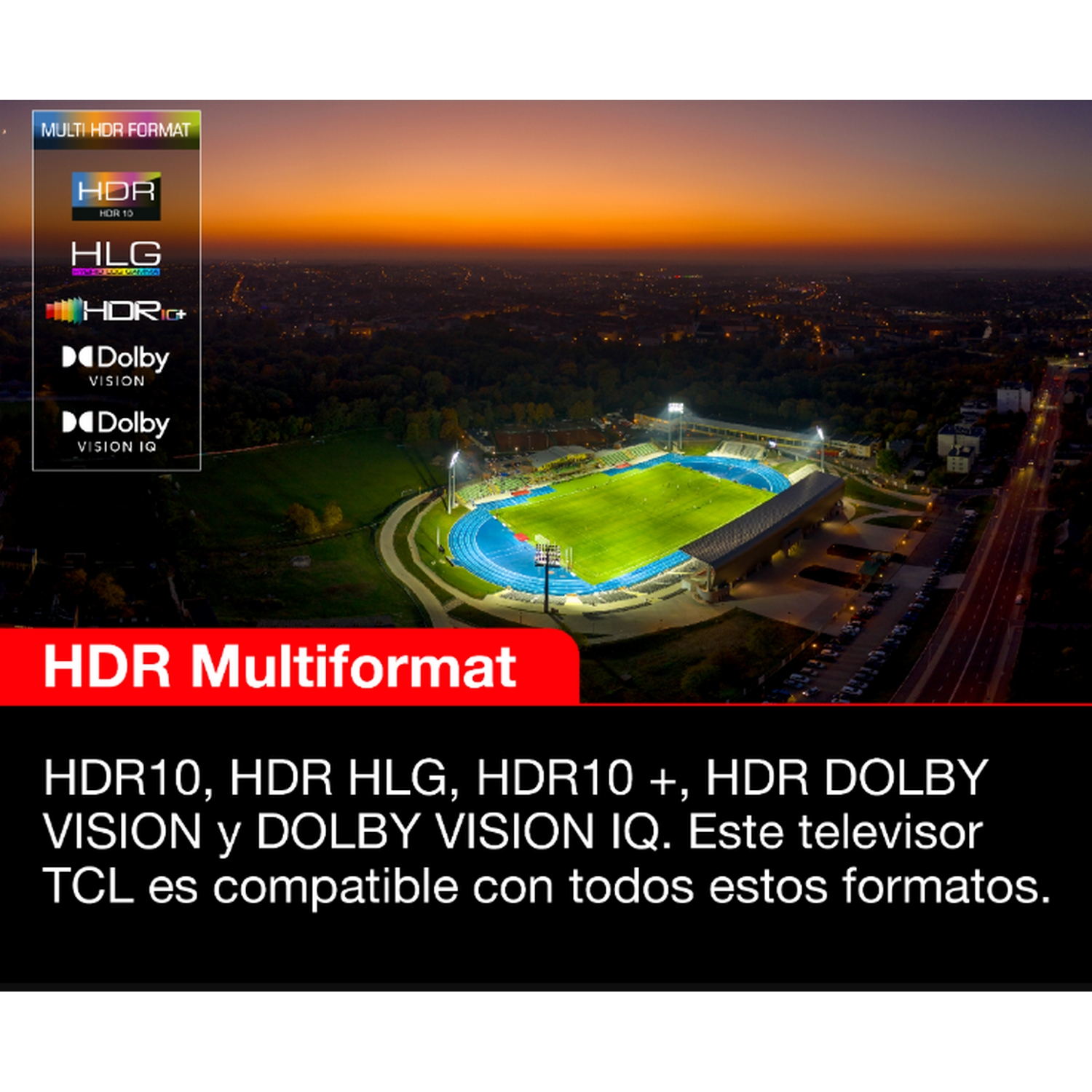 Estadio al atardecer, con logos y texto de formato HDR.