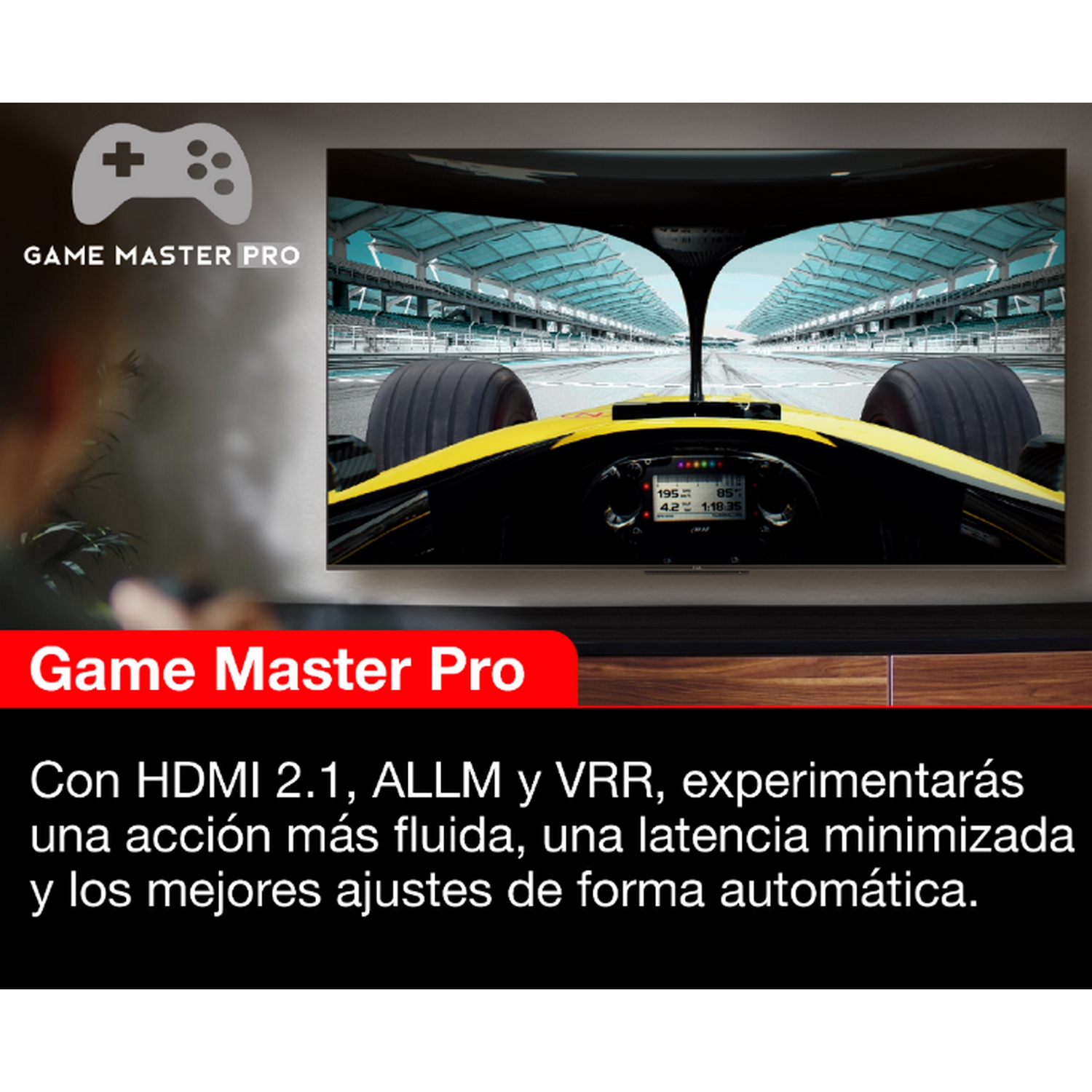 Pantalla de TV que muestra un coche de carreras en una pista. Logotipo y texto Game Master Pro.
