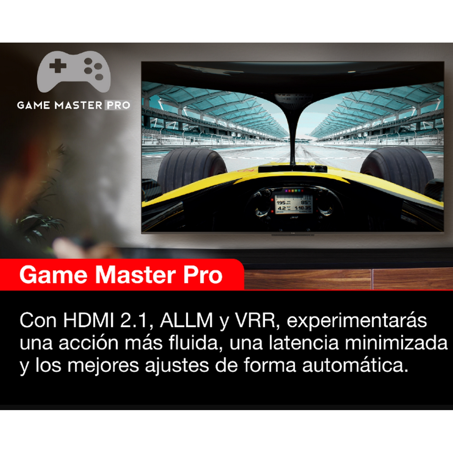 Un televisor que muestra un coche de carreras en una pista. Las palabras 'Game Master Pro' se muestran.