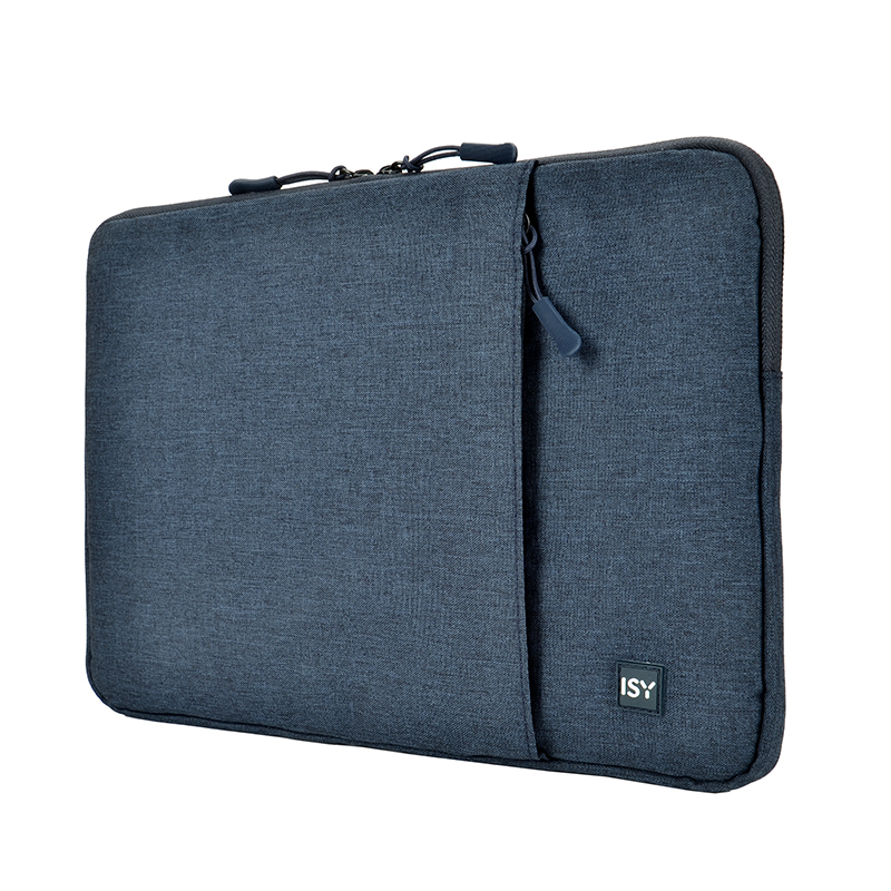 Blaue Laptoptasche mit Reißverschluss und Tasche. Das ISY-Logo ist sichtbar.
