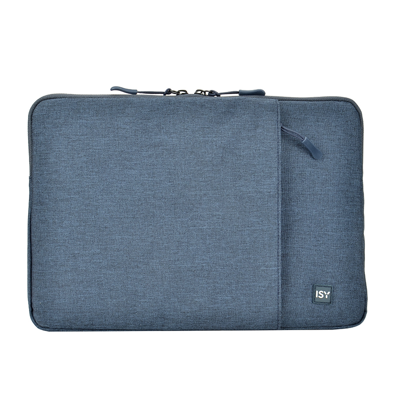 Blaue Laptoptasche. Sie hat eine Tasche. Reißverschluss ist sichtbar. Weißer Hintergrund.