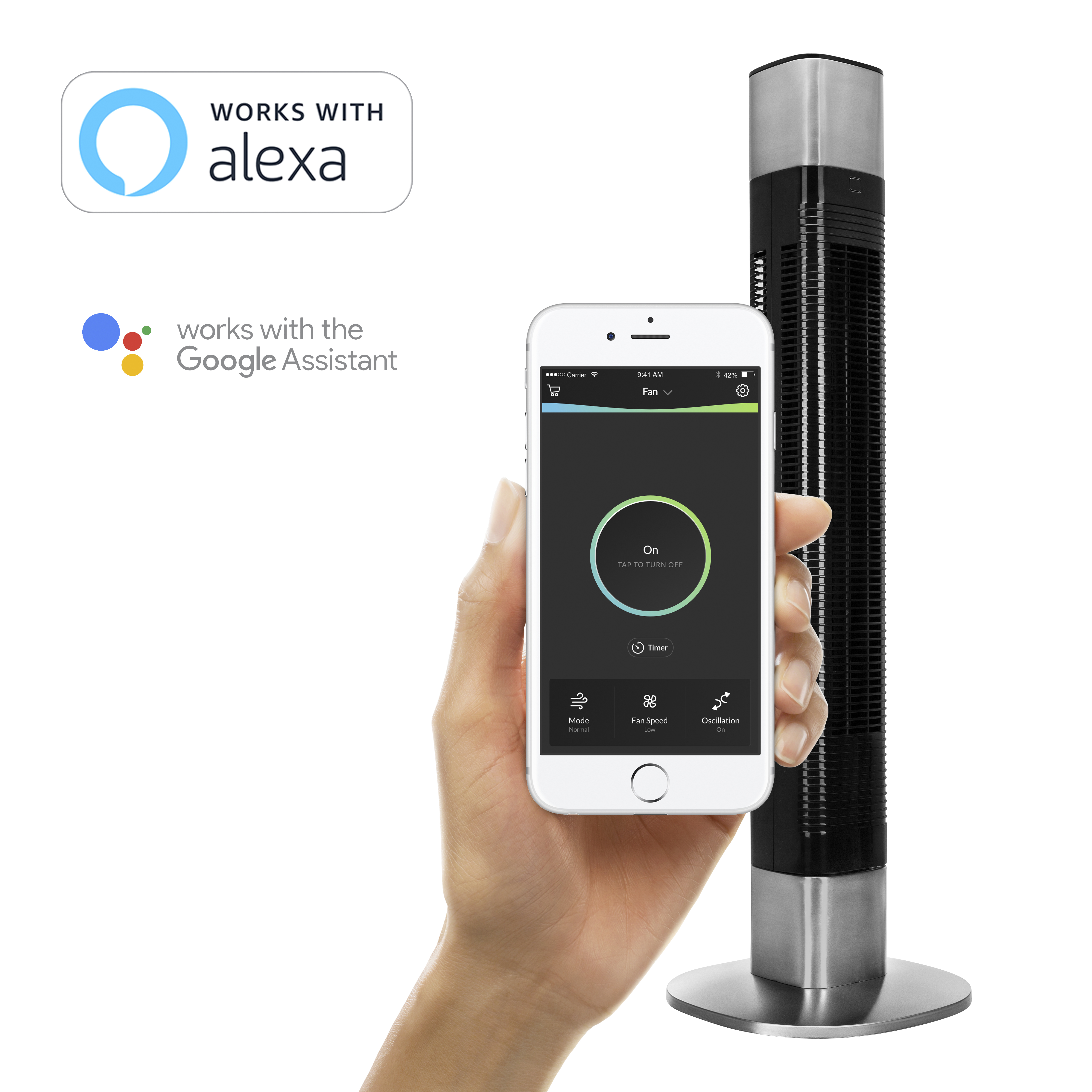 Torenventilator bediend door telefoon. Telefoon toont ventilatorknoppen. Tekst: Works with Alexa & Google Assistant.