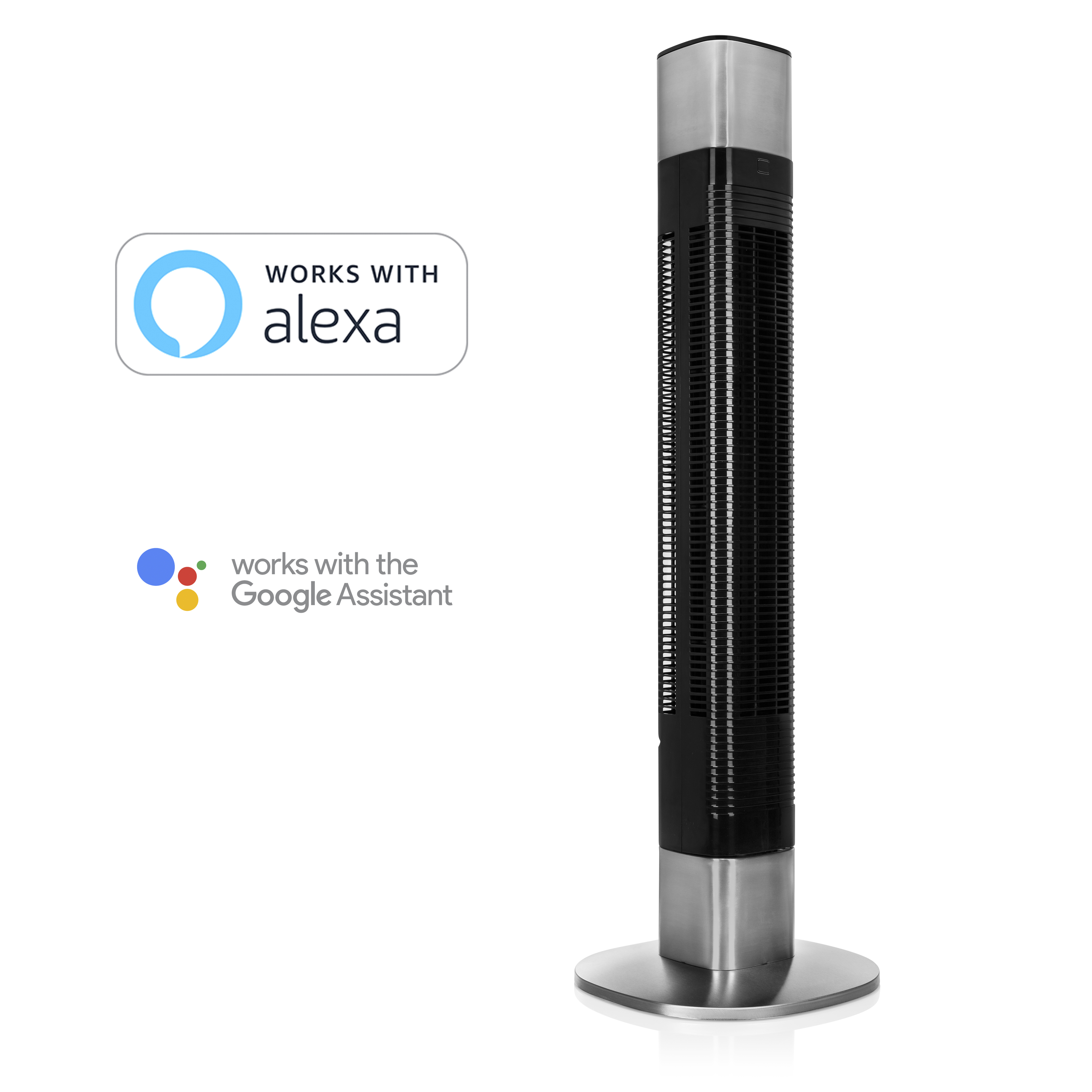Een hoge zwarte en zilveren torenventilator met Alexa- en Google Assistant-compatibiliteitslogo's.
