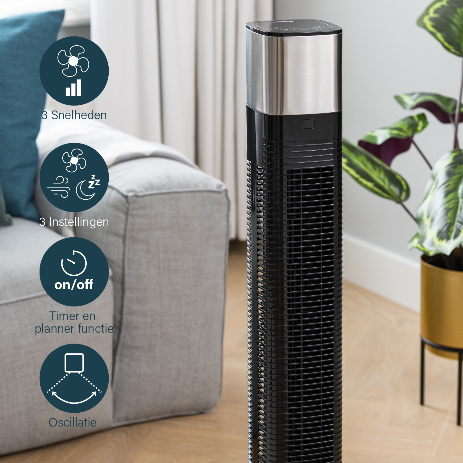 Een zwarte torenventilator met een metalen bovenkant, met pictogrammen die de ventilatorsnelheid, instellingen en oscillatie tonen.
