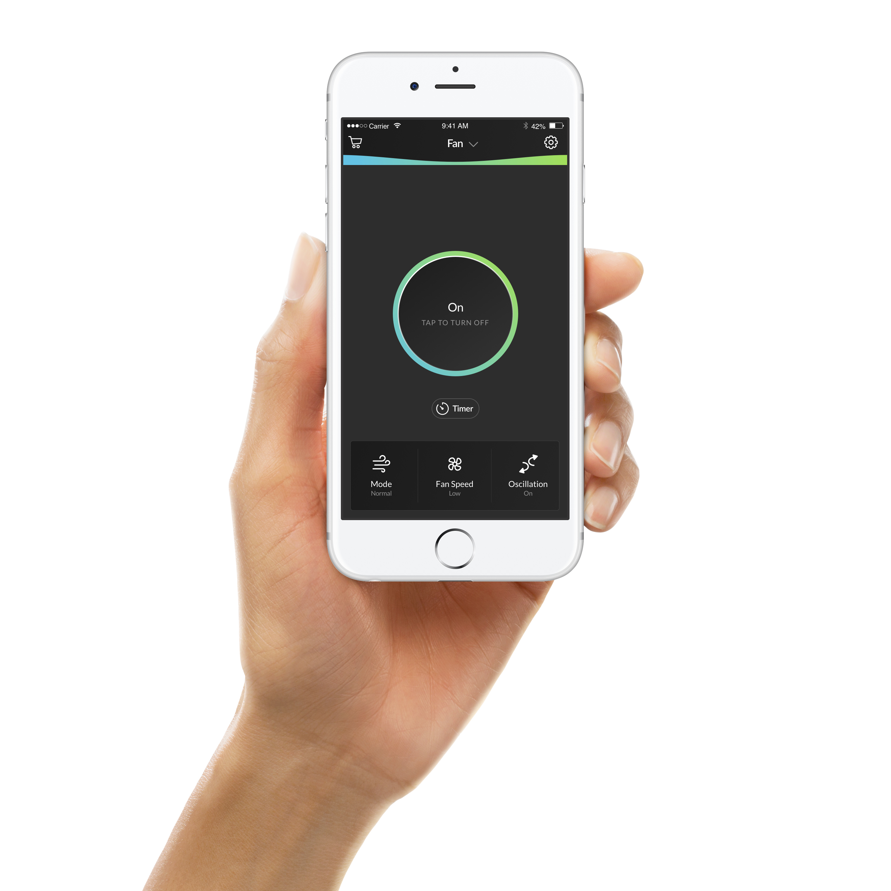 Hand die een telefoon vasthoudt met een ventilatorbesturings-app, met aan/uit- en timeropties.