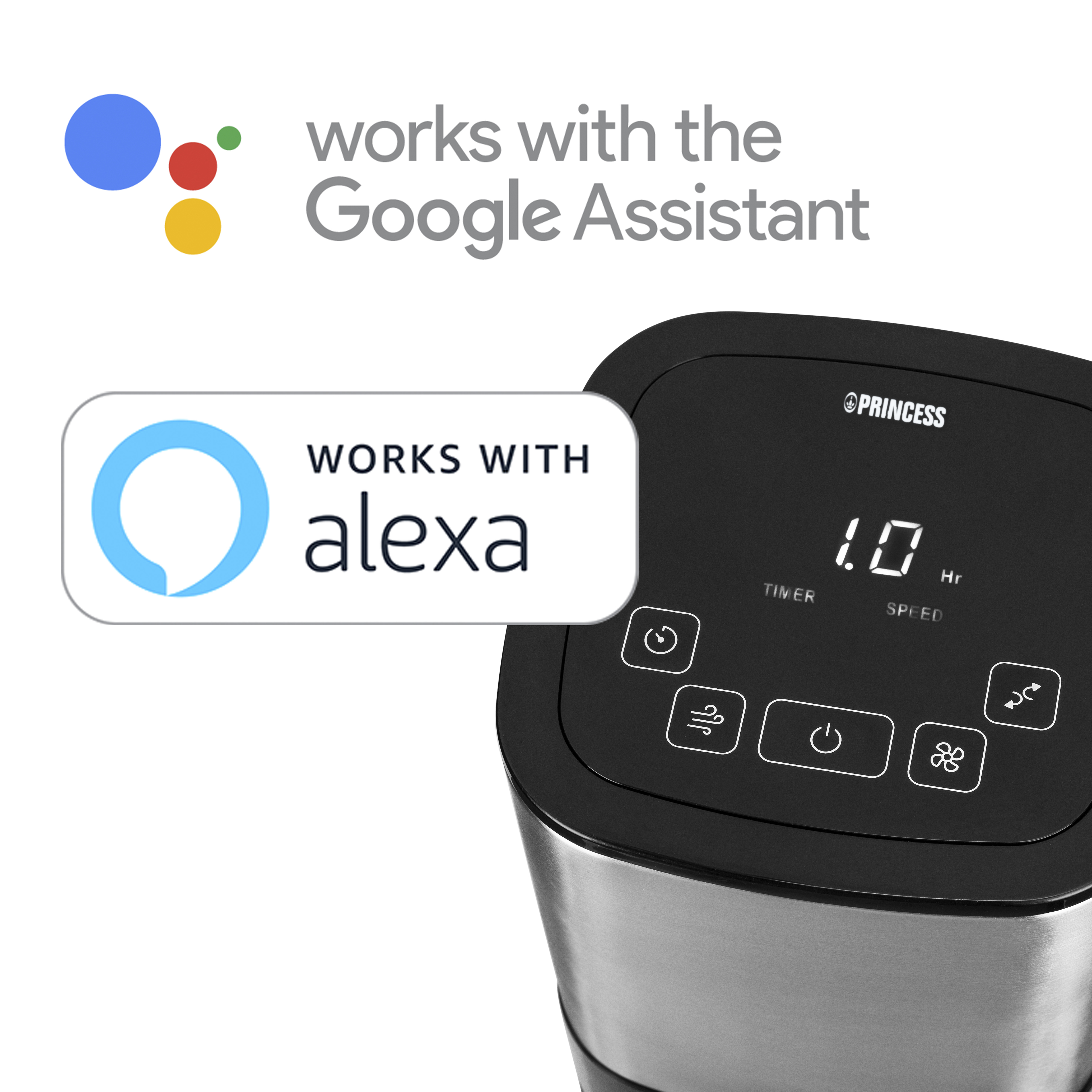 Een zwarte luchtreiniger met een scherm. Toont de woorden 'speed' en 'timer' en staat naast Alexa- en Google-logo's.