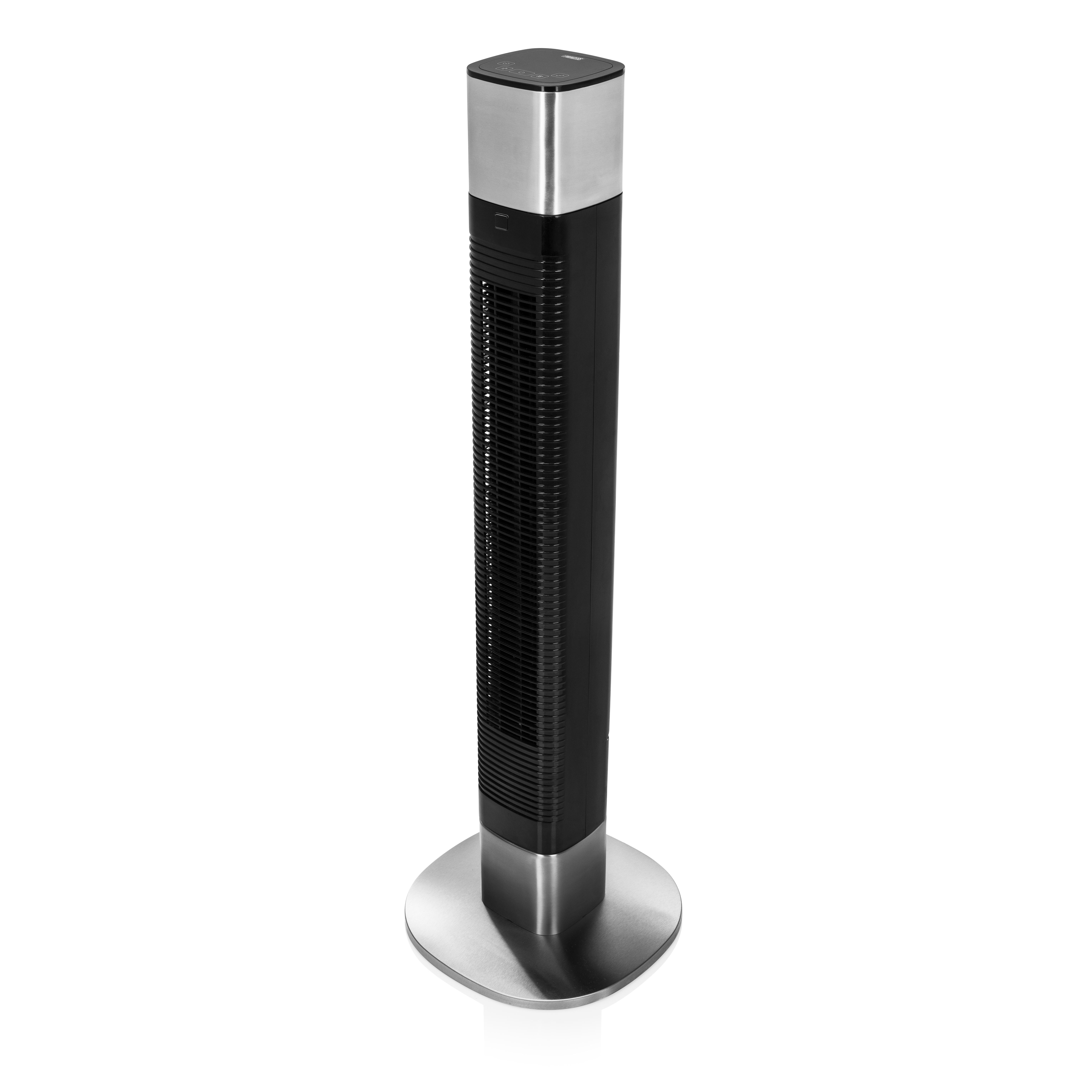 Zwarte en zilveren torenventilator. Verticaal ontwerp.