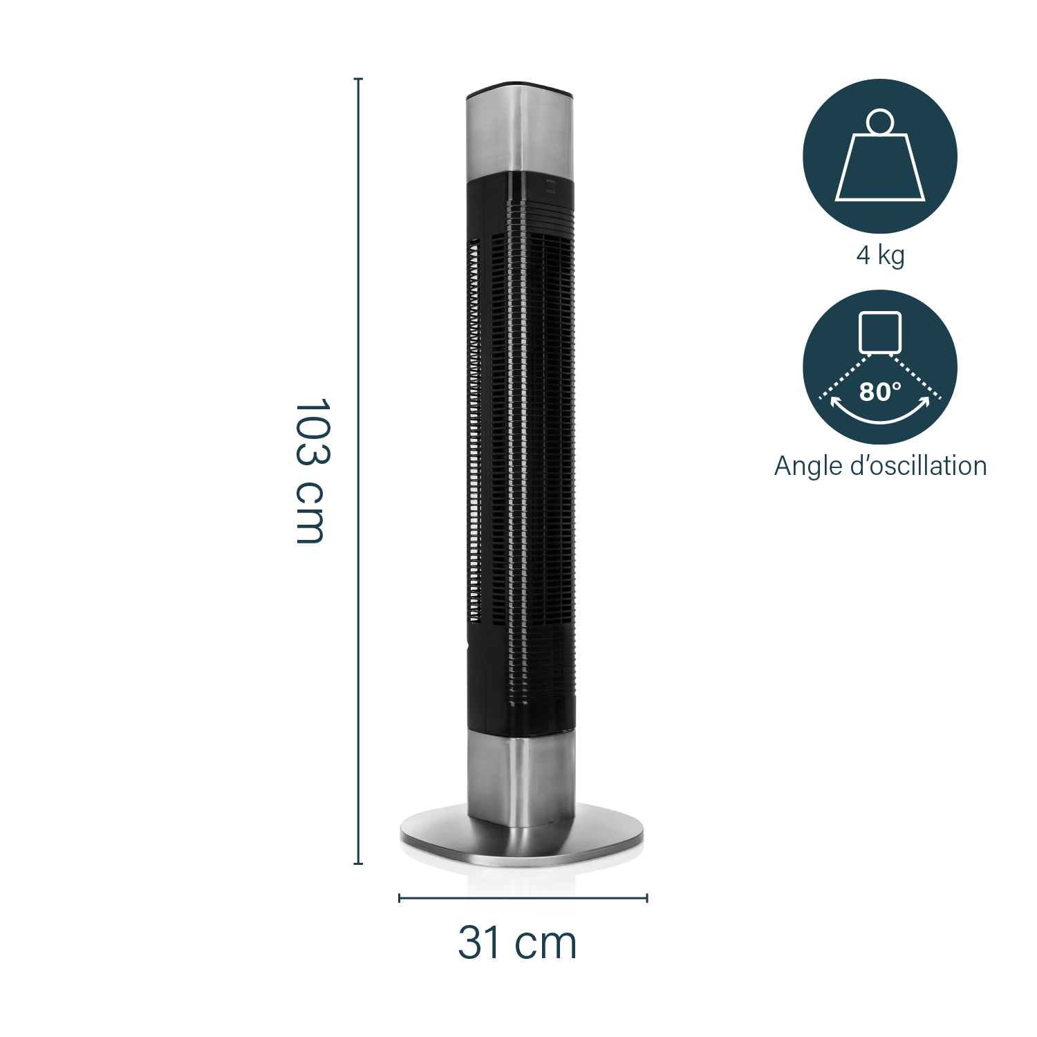 Hoge zwarte en zilveren torenventilator. Afmetingen en gewichtsinformatie worden getoond.