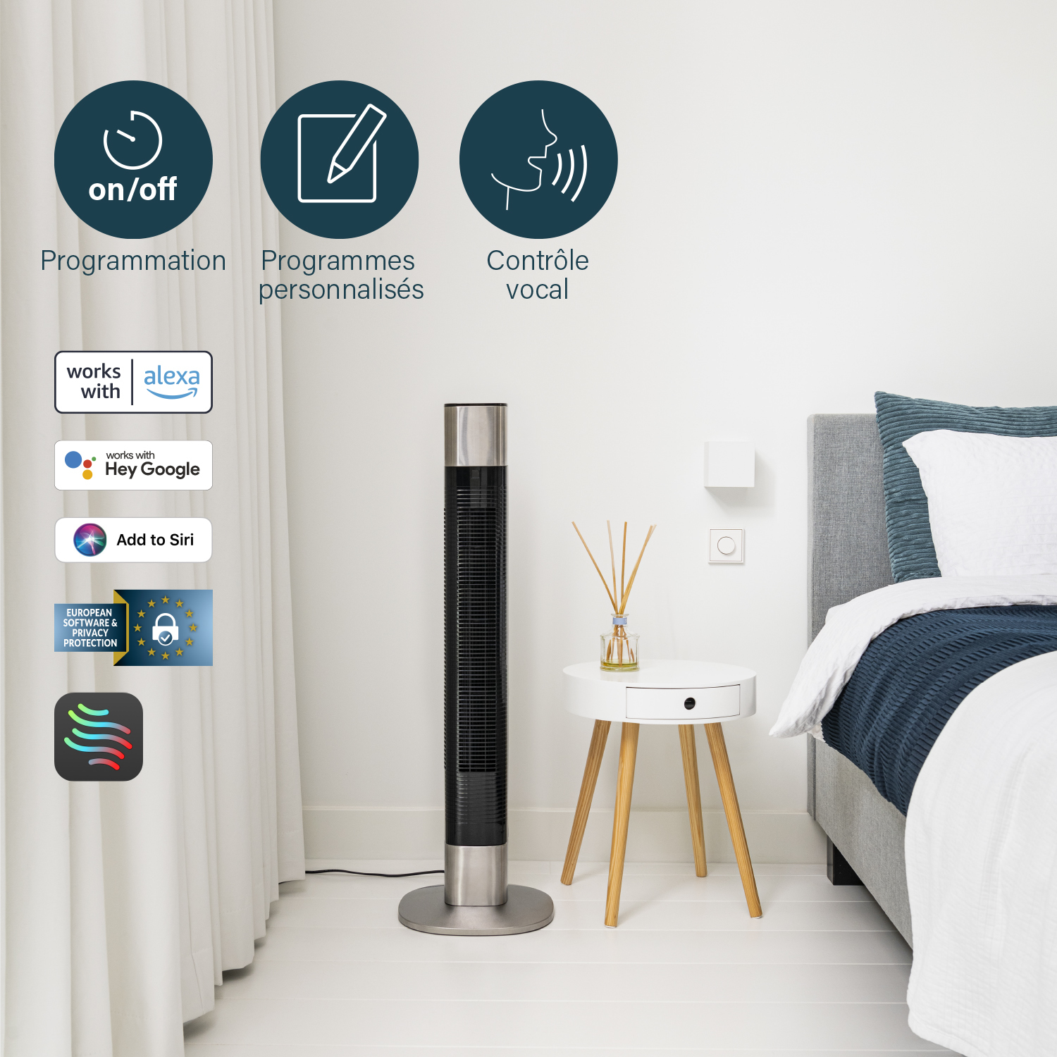 Zwarte en zilveren torenventilator met een display, bedieningsiconen en logo's.
