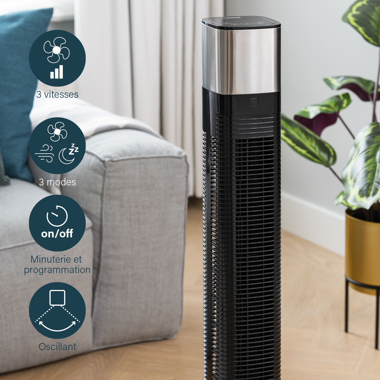 Een zwart-zilveren torenventilator met drie standen en timerinstellingen.