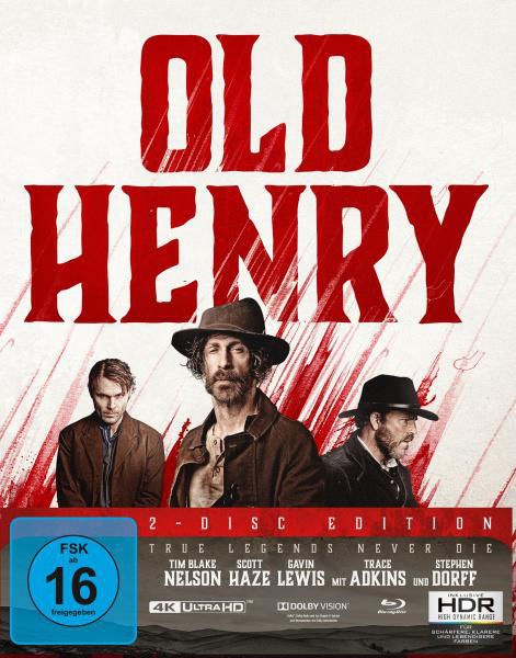 Blu-ray-Cover für Old Henry, mit drei Männern mit Hüten, rotem Text oben und einer FSK 16-Einstufung.