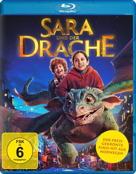Filmcover von 'Sara und der Drache' mit zwei Kindern auf einem Drachen, mit blauem Hintergrund.