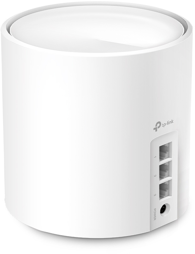 Un routeur TP-Link cylindrique blanc avec trois ports à l'arrière.