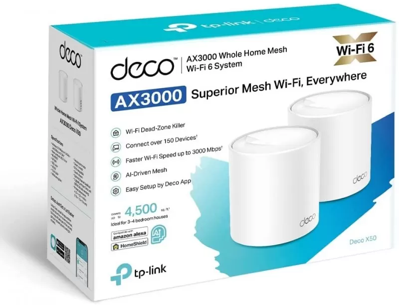 Système Mesh TP-Link Deco AX3000 WiFi 6 dans sa boîte, avec deux appareils cylindriques blancs.