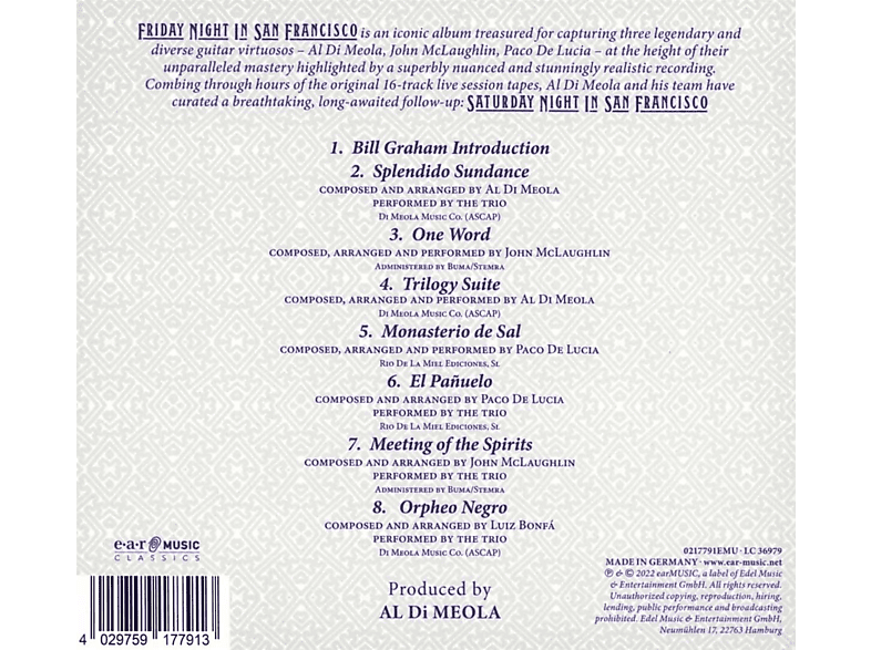 Thumbnail - Paco De Lucía, Al Di Meola, John McLaughlin - Saturday Night In San Francisco (CD Digipak) (CD)