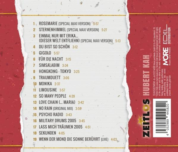 Die Rückseite einer CD-Hülle mit Titelliste und Hubert Kah-Branding.