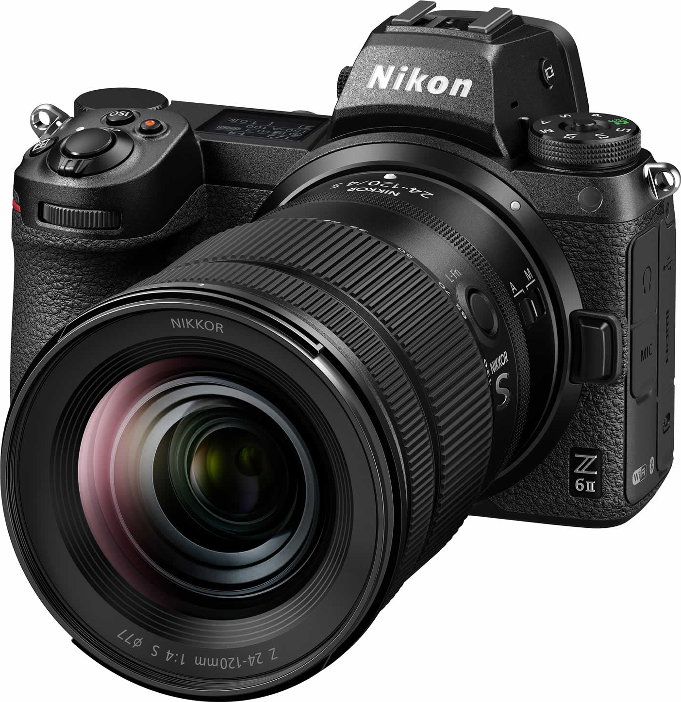 Appareil photo noir Nikon Z 6II avec objectif. Vue de face, isolé sur fond blanc.