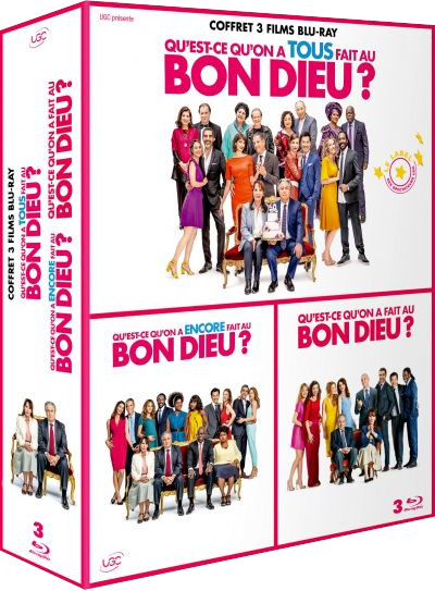 Filmover: Boxset van 'Qu'est-ce qu'on a tous fait au Bon Dieu?'. Meerdere filmcovers in een witte doos.