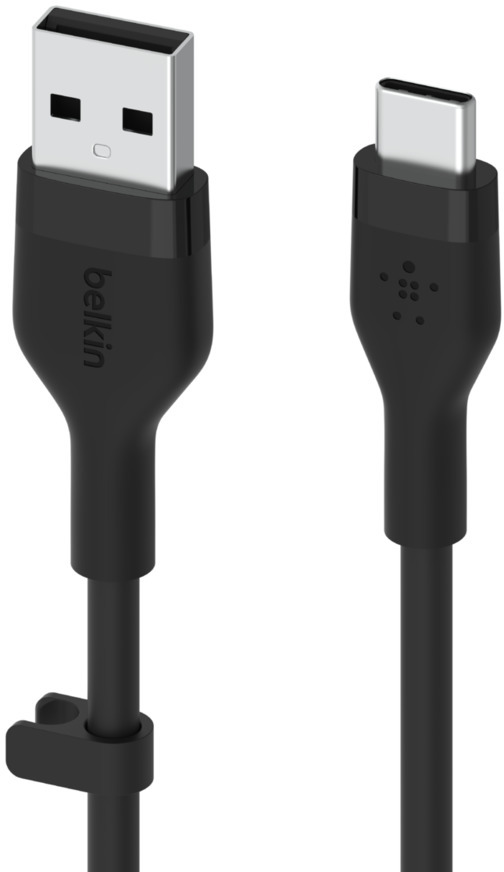Zwarte USB naar USB-C-kabel. USB-uiteinde links, USB-C rechts, en een kabelklem in het midden.