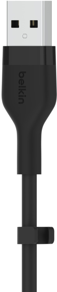 Zwarte Belkin USB-kabel. Witte achtergrond.