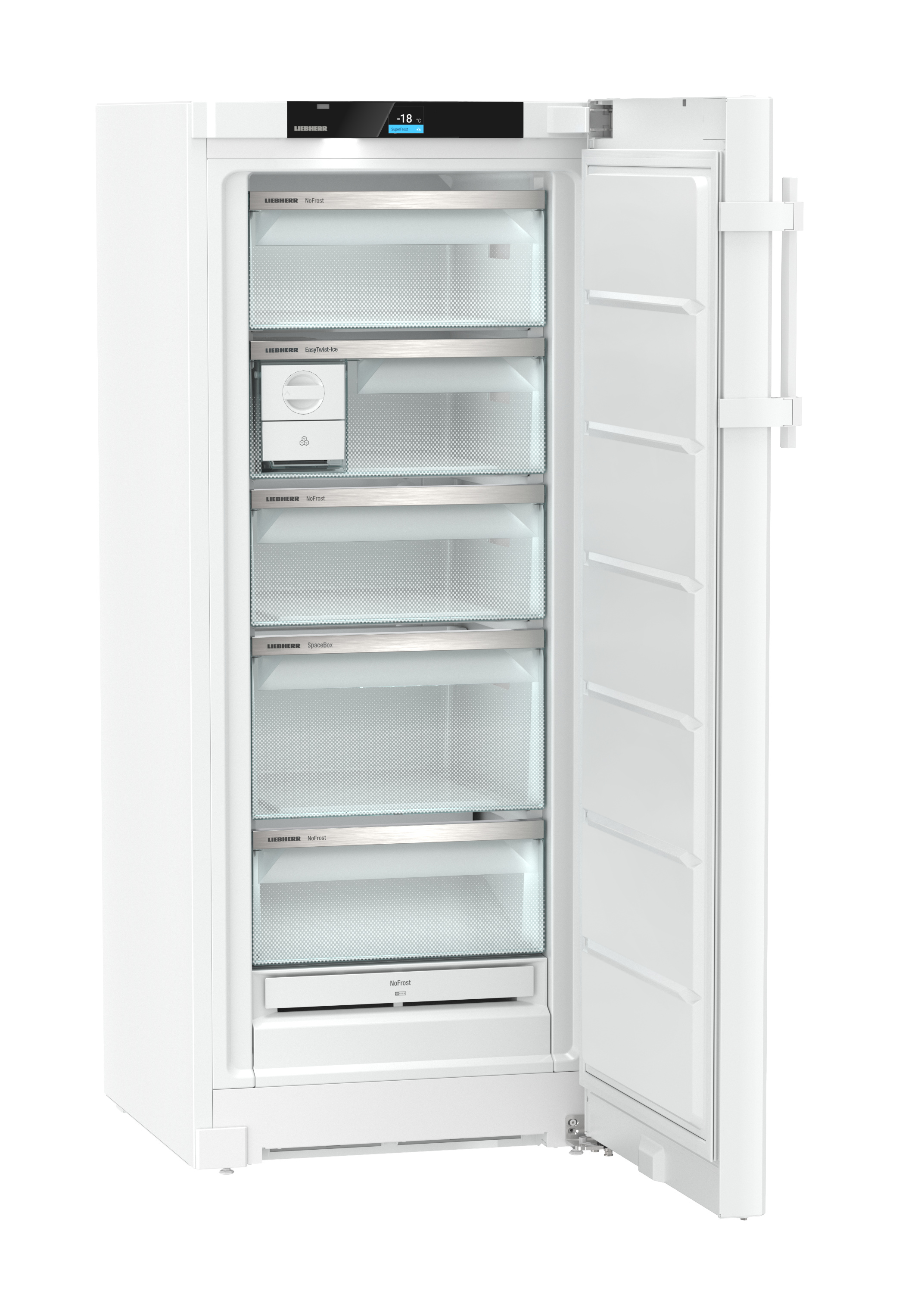 Weißer Kühlschrank mit offener Tür, Glasböden und Innendetails.