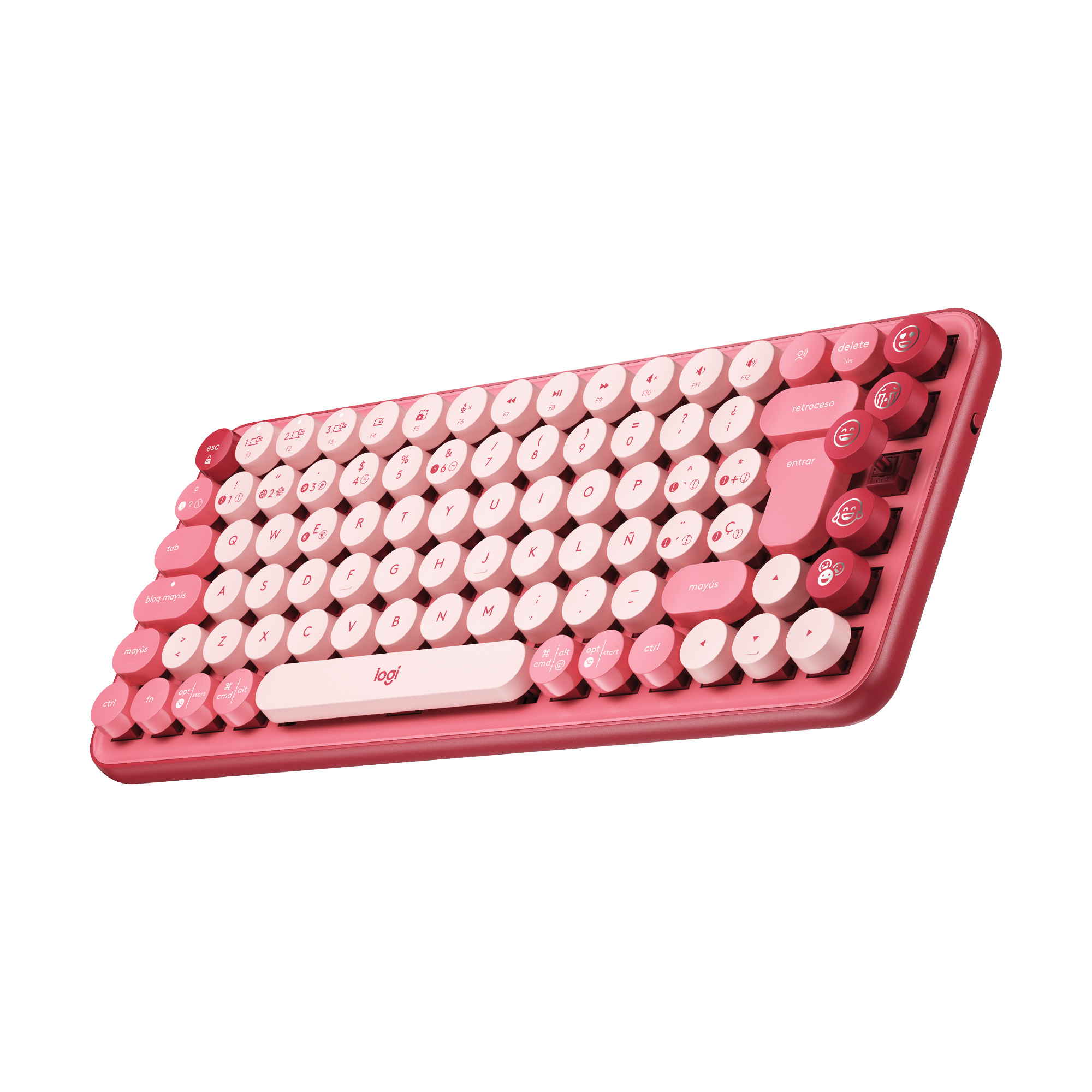 Un teclado Logitech rosa y blanco. Tiene teclas redondas y un diseño retro.