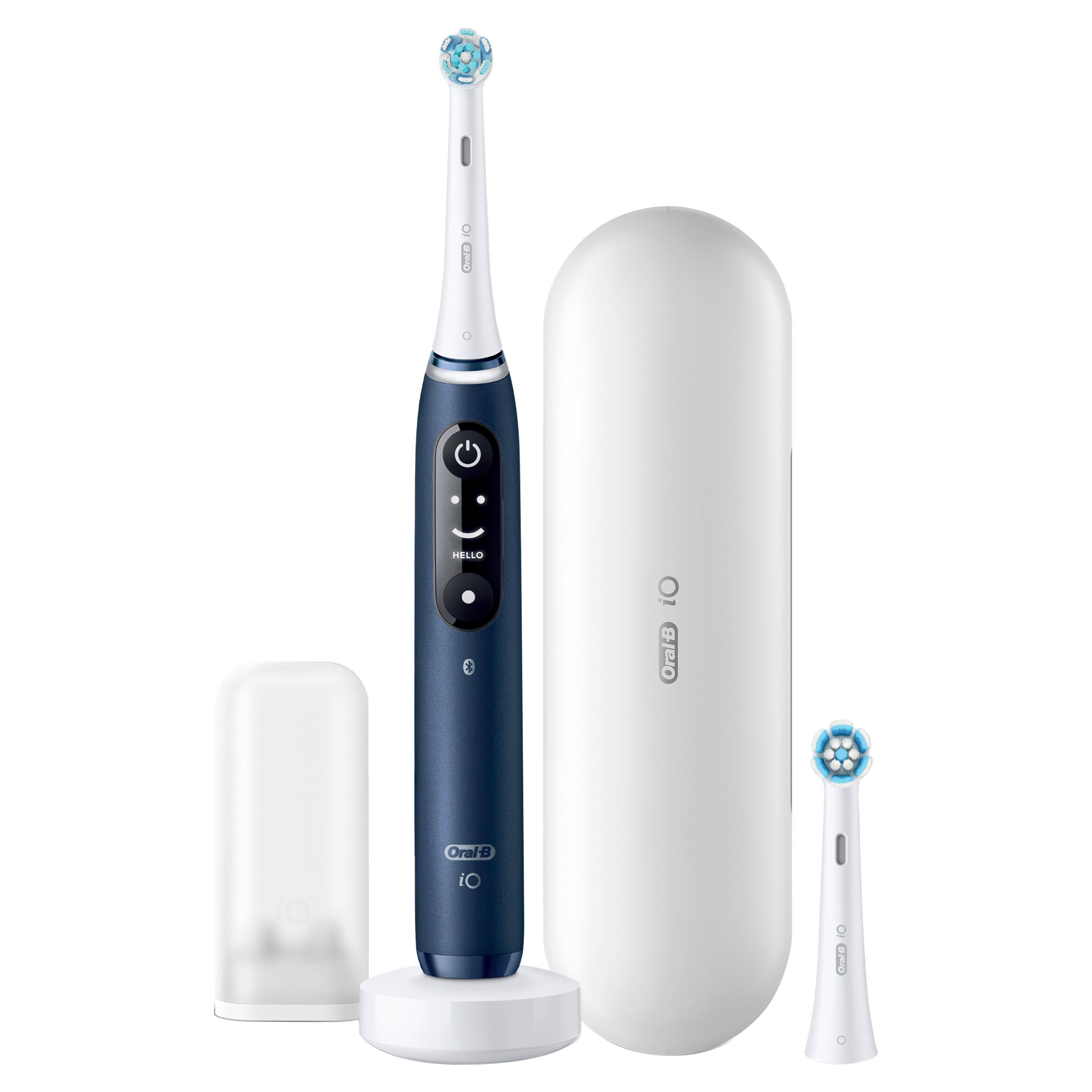 Oral-B iO elektrische Zahnbürste-Set: Zahnbürste, Ladegerät, Etui und zusätzlicher Bürstenkopf. Blau und weiß.