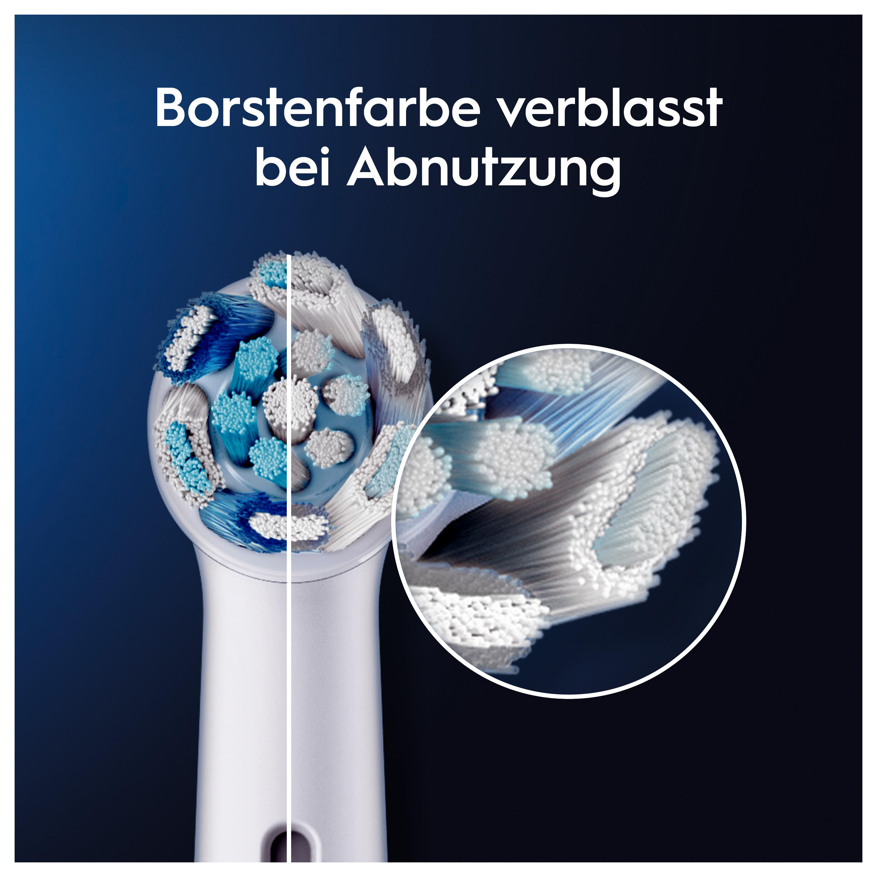 Zahnbürstenkopf mit verblassenden blauen Borsten, vergrößerte Ansicht.